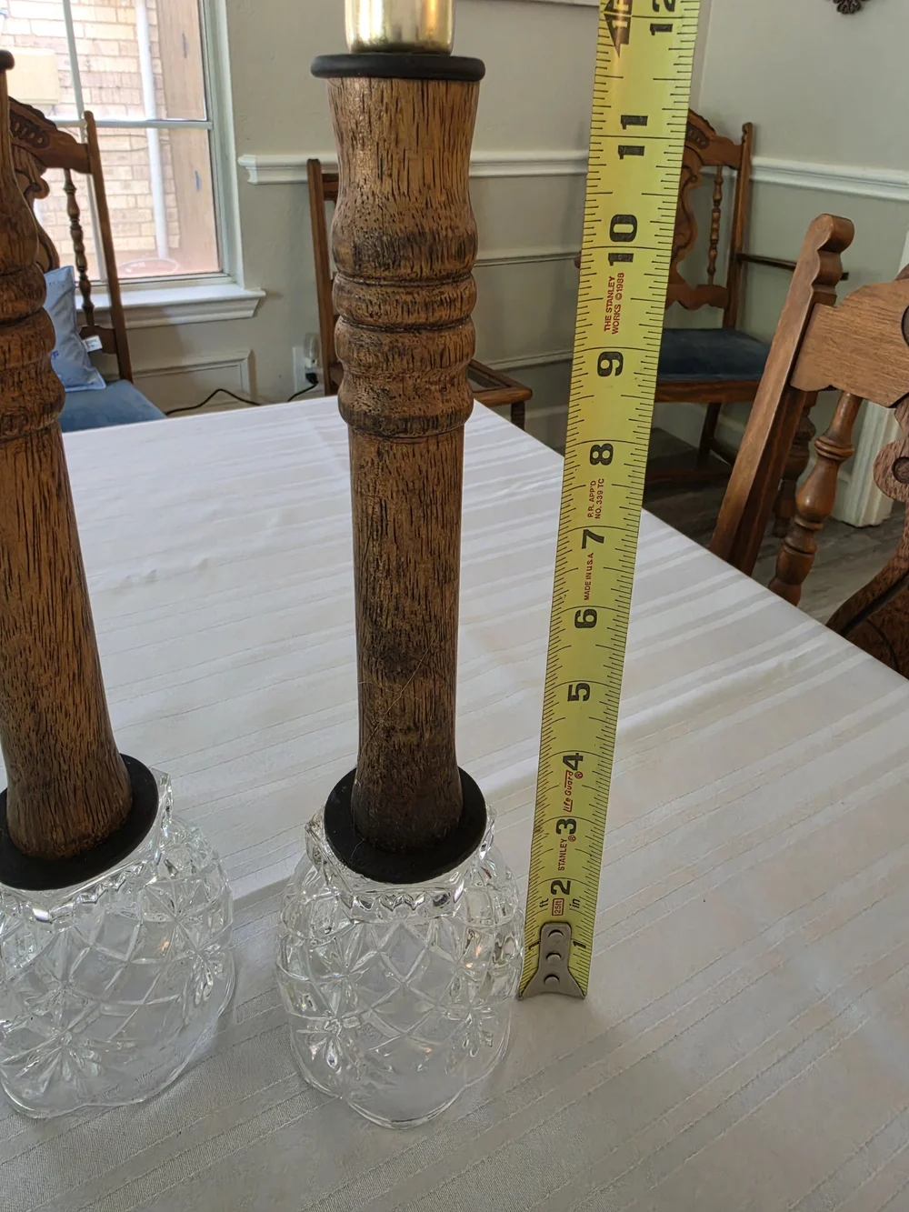 Pair Vintage turned-wood candlestick holders Decorative cut-glass bases